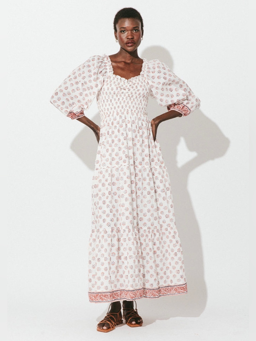 Cleobella Zahara Puff Long Sleeve Smocked White Blossom Ankle Maxi Dress Size XS